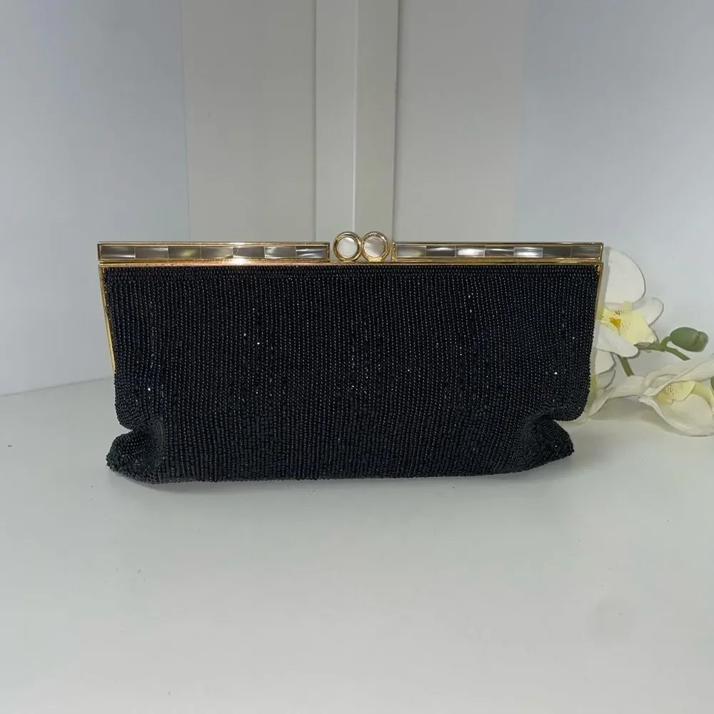 Walborg Black Beaded Clutch with Gold Accents